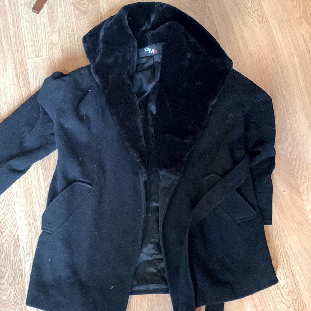 Mini dress length wool blend coat with velvet hood and waist tie